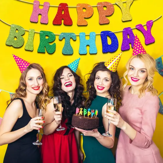 Pre-Strung Rainbow Happy Birthday Banner - NO DIY - Colorful Rainbow Party Banner Decorations, Glitter Birthday Party Garland {3}