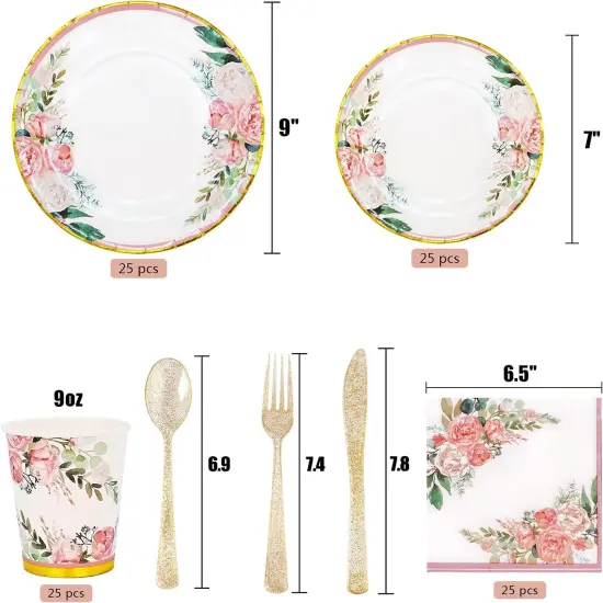 Tableware Set Party Supplies - Bridal Shower Paper Plates & Napkins Set for 24 Guests - Disposable Dinnerware: Plates, Cups, Cutlery for Baby Shower, Tea Party {4}