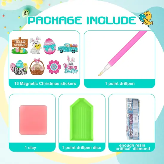 16 Pcs Easter Diamond Painting Magnets for Refrigerator Spring Diamond Art Magnets DIY Bunny Eggs Gnome Cross Flower Diamond Painting Kits Pink Yellow Easter Diamond Art for Adults Kids Crafts {3}