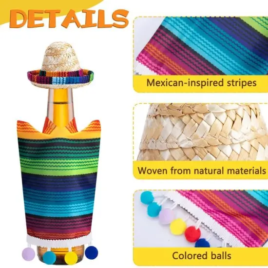6 Set Mexico Mini Sombrero Hats and Beer Poncho, Cinco De Mayo Mini Sombrero and Serape with Tiny Balls, Mexican Style Bottle Covers for Carnival Themed Party Decorations {2}