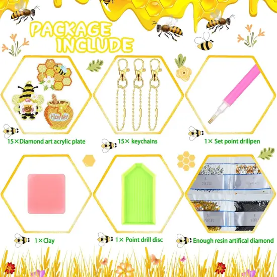 15 Pcs Bee DIY 5D Diamond Painting Keychain Spring Nature Full Drill Making Key Chains Key Ring Diamond Art Keychains Pendant DIY Diamond Accessories for Spring Summer Easter Decor {3}