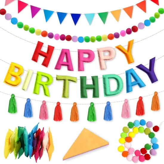 4PCS Pre-Strung Happy Birthday Banner - Felt Happy Birthday Garland, Ball Garland, Felt Pennant Flag, Colorful Thread Tassel Rainbow Party Decorations for Women Men Kids {1}