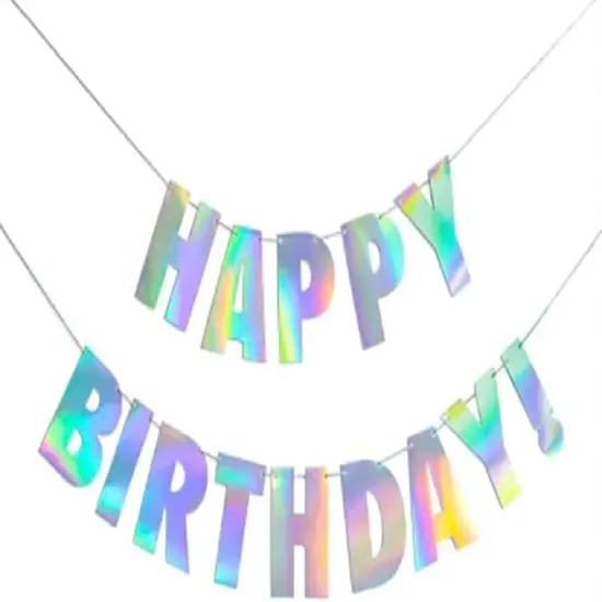 Pre-Strung Happy Birthday Sign - NO DIY - Holographic Hanging Banner Iridescent White Bunting String Flag Garland {1}