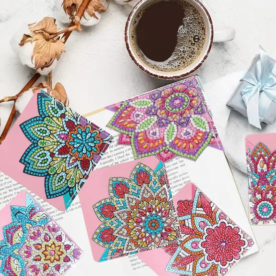 8 PCs Diamond Art Corner Bookmarks Leather Dimond Painting Book Mark Kit for Adults Paint by Dots Bookmarkers Craft DIY Gem Small Dotz Gifts for Women Mandala Flower Pink Lotus {5}