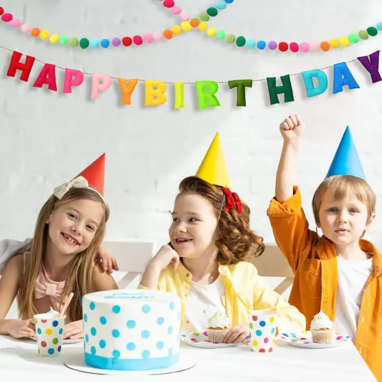 2 Pcs 118 Inch Pre Strung Happy Birthday Felt Fabric Banner with Garland Reusable Natural Handmade Letters & Balls for Party Decor(Rainbow Color) {5}