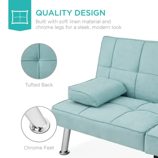 Best Choice Products Modern Linen Convertible Futon Sofa Bed w/ Removable Armrests, Metal Legs, Cupholders Aqua {5}