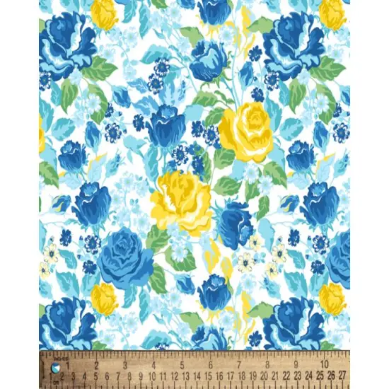 Yellow and Blue Roses Floral Cotton Fabric | By the Yard | Sewing and Crafting | 44 inches wide {1}