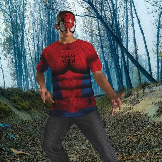 Spider Man Costume Kit For Men With Printed Shirt And Character Mask Set {5}
