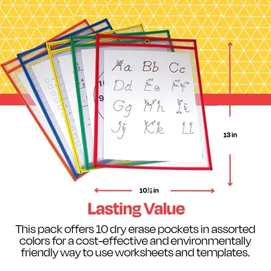 School Smart Reusable Dry Erase Pocket Sleeves, 10-1/2 x 13 Inches, Assorted, Set of 10 {6}