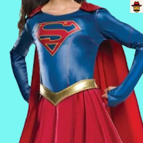 Supergirl Child Costume Girls Metallic Dress Removable Cape Golden Belt {3}