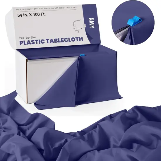 Exquisite Party Solids 54" x 100' Plastic Table Cover Roll with Slide Cutter &ndash; Cut-to-Size Dispenser Box &ndash; Makes Up to 36 Disposable 8' Rectangle Tablecloths Navy {3}