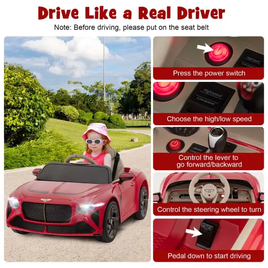 Costway 12V Licensed Bentley Bacalar Kids Electric Ride-on Car with Remote Control Green/Red/White/Black {12}