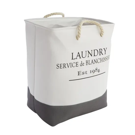 Canvas Laundry Basket with Handles for Bathroom, Bedroom (White and Gray, 60 L Capacity, 12x16x19.2 In) {5}