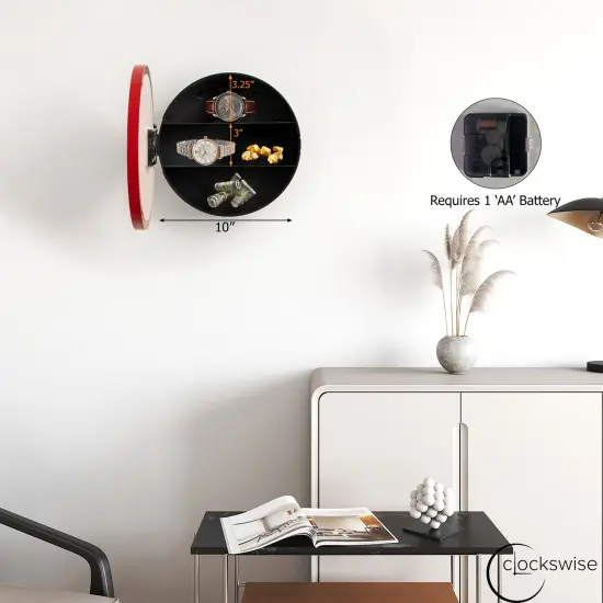 Wall Mounted Plastic Clock with Hidden Storage Door - Secret Interior Compartment, Hidden Safe for Storing Valuables Red {3}