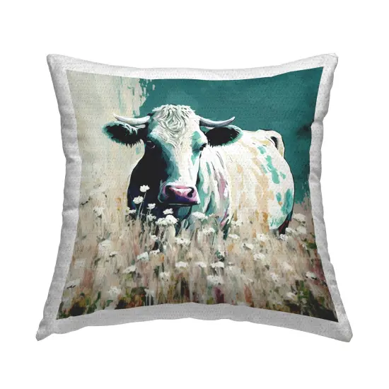 Modern Cow in Meadow Design by Seven Trees Design Outdoor Printed Pillow {1}