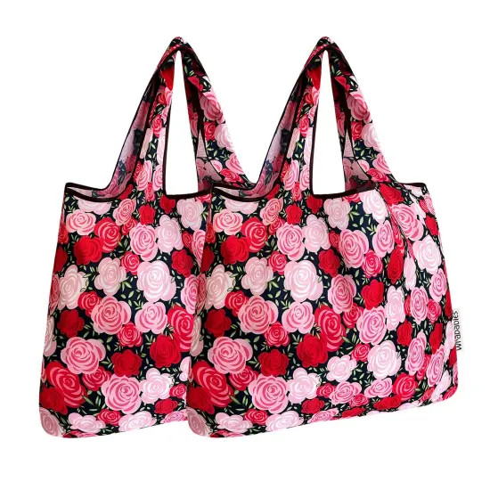 Wrapables Foldable Tote Nylon Reusable Grocery Bag (Set of 2), Pink Roses {1}