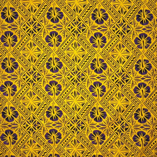 1 Yard Traditional Tapa Hibiscus Fabric 100% Cotton, 36" L x 45" W Yellow & Purple {1}