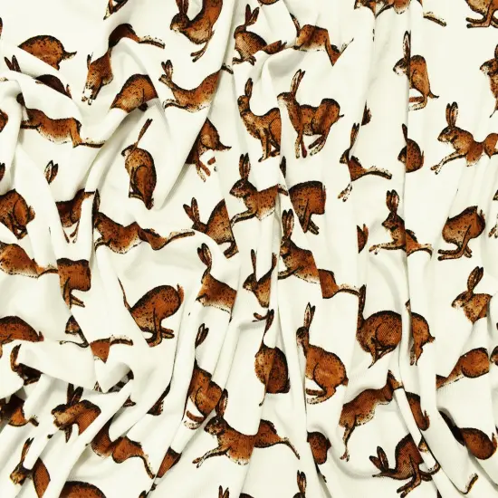 Brown-White Rayon Modal Rabbit Printed Stretch Spandex Jersey Knit Fabric By the Yard {3}