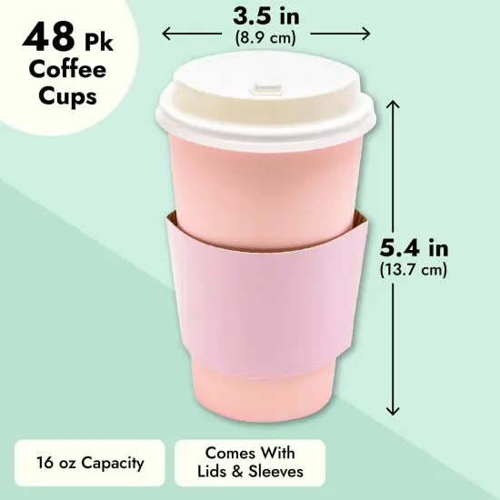 16 oz Disposable Coffee Cups with Lids and Sleeves, Paper Insulated for Hot To Go Drinks (Blush Pink, 48 Pack) {3}