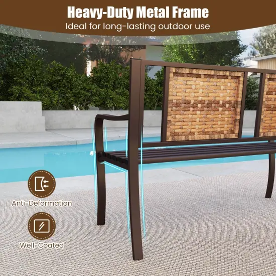Costway Patio Garden Bench Steel Frame Rattan Backrest Park Yard Outdoor Porch Furniture {6}