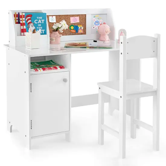 Costway Kids Study Desk with Chair, Whiteboard, Marker, Hutch, Storage Cabinet Purple/White {8}