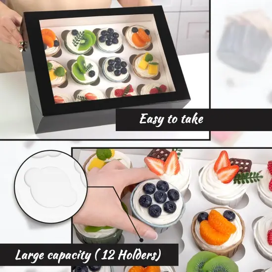 6PCS Cupcake Containers with Window, Black Cupcake Holder with Insert Pastry Box 12 Count Holding 72 Cupcakes for Birthday Holiday Party Bakery Supplies {4}