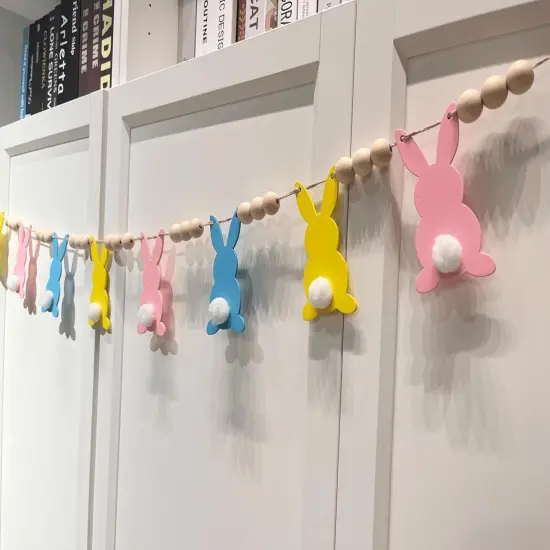 Rustic Easter Garland - Bunny Themed Wooden Bead Easter Banner, Pre-Assembled Spring Farmhouse Home Decorations for Fireplace Mantel and Wall {3}