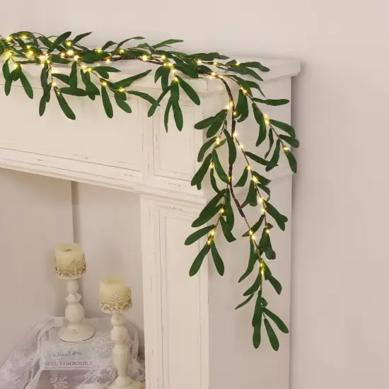 Olive Garland with Lights, 6FT Lighted Mantel Decor with Timer, Artificial Spring Greenery Pre-lit Twig Decor for Mantle Fireplace Wedding Stairs {1}