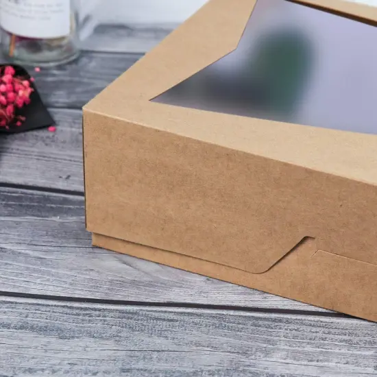 14 x10 x 3inch Brown Paperboard Lock Corner Window Bakery Cookie Boxes, Large Container with PVC Windows for Pie and Cookie Box, Pack of 12 {5}