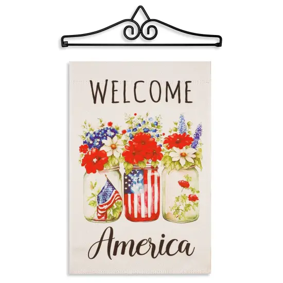 G128 Combo Pack Garden Flag Hanger 14IN & Garden Flag Welcome America Mason Jars Printed 12x18IN Double Sided Yard Garden Lawn Decoration {1}