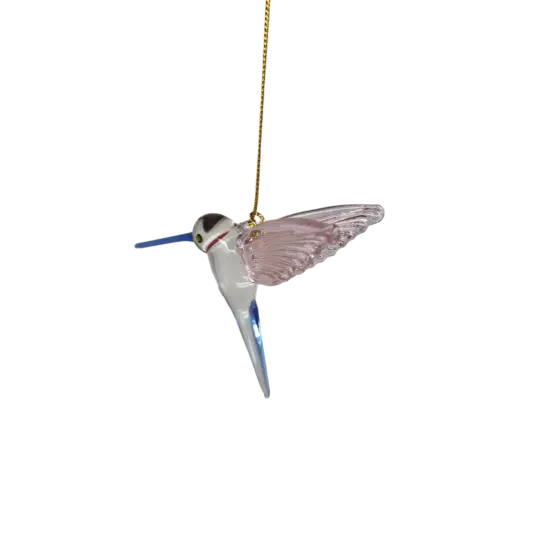 Feeding Hummingbird glass Ornament - Pink Wings / Blue Tail / Blue Beak {4}