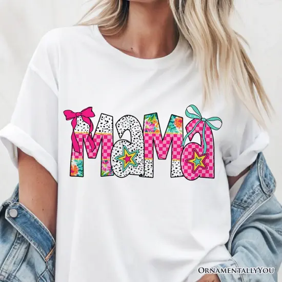 Preppy Pink Mama Coquette T-Shirt, Retro White and Black Tee for Trendy and Stylish Moms {2}