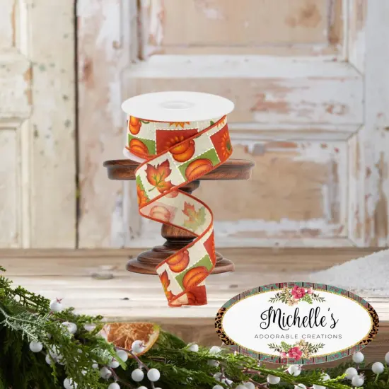 1.5" Pumpkin Sunflower and Maple Leaf Ribbon: Lt Natural (10 Yards) {4}