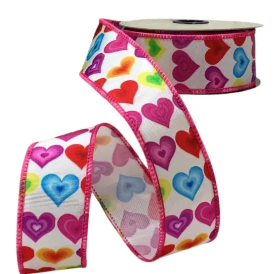 1.5" Colorful Hearts Ribbon: White (10 Yards) {1}