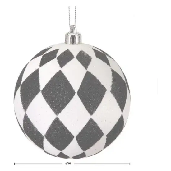 4" Glitter Harlequin Ball Ornaments: Black/White (3 pack) {3}