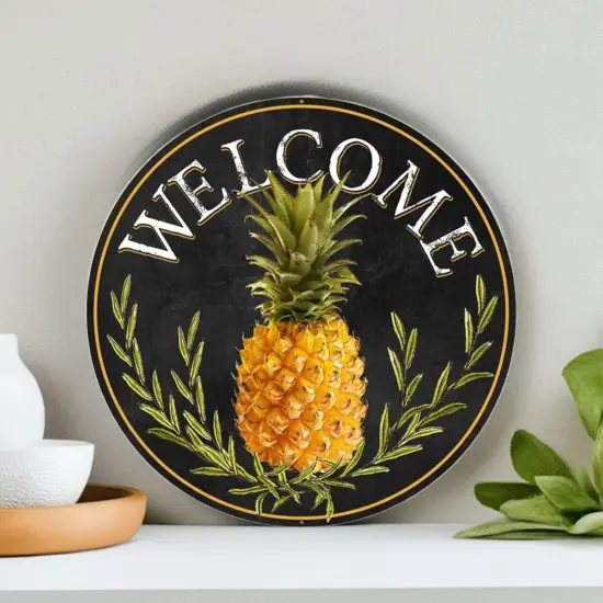 12" Round Metal Sign: Welcome Pineapple {2}