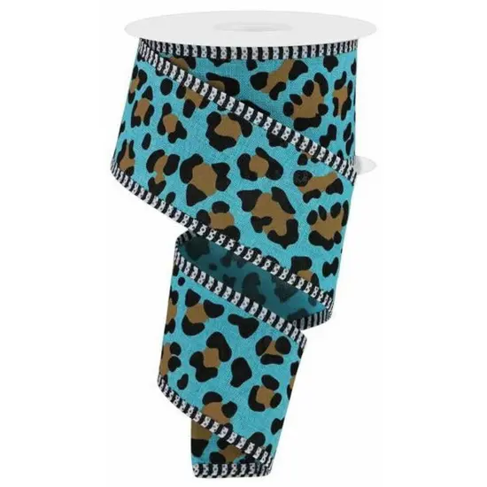 2.5" Leopard Print Thin Stripe Ribbon: Light Teal (10 Yards) {1}