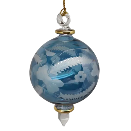 Etched Blown Glass Ball Ornament - Blue {1}