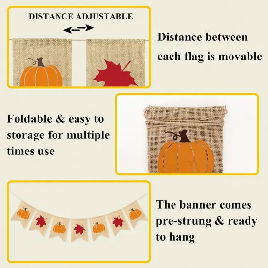 Burlap Pumpkin Maple Leaves Banner (Red, Orange) {2}