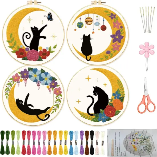 4 Pack Cat Moon Embroidery Kits for Beginners {1}