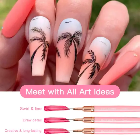 Metallic Nail Art Brushes, 5Pcs Liner Brush Set, UV Gel Polish Painting Art Design Pen for Long Lines, Thin Details, Fine Drawing Sizes 4/8/12/20/25mm(Pink) {2}