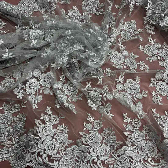 1 Yard Luxurious Corded Bridal Lace Fabric Embroidered on Soft 100% Polyester Net Mesh 51" Width White {3}