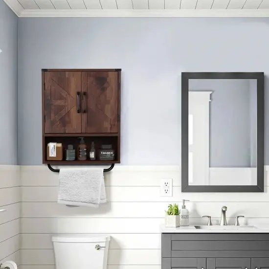 Modern Wooden Bathroom Wall Storage Cabinet with Doors and Towel Rack, Adjustable Shelves Brown {5}