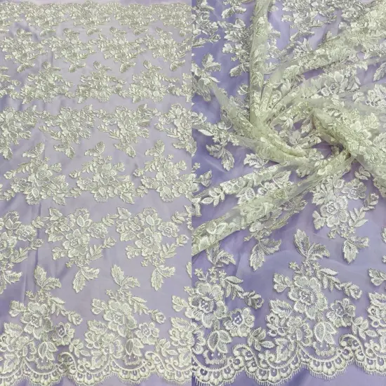1 Yard Corded Bridal Lace Fabric Embroidered Elegant Mesh Dress 51" Width Silver {7}