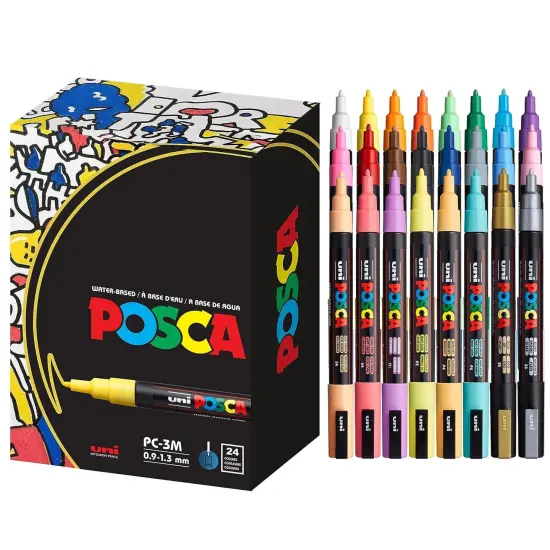24 Paint Markers, 3M Fine Coloring Markers with Reversible Tips, Posca Marker Set of Acrylic Paint Pens | Posca Pens for Art Supplies, Fabric Paint, Fabric Markers, Paint Pen, Art Markers {1}