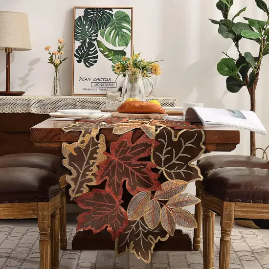 Fall Thanksgiving Table Runner with Embroidered Maple Leaves {5}