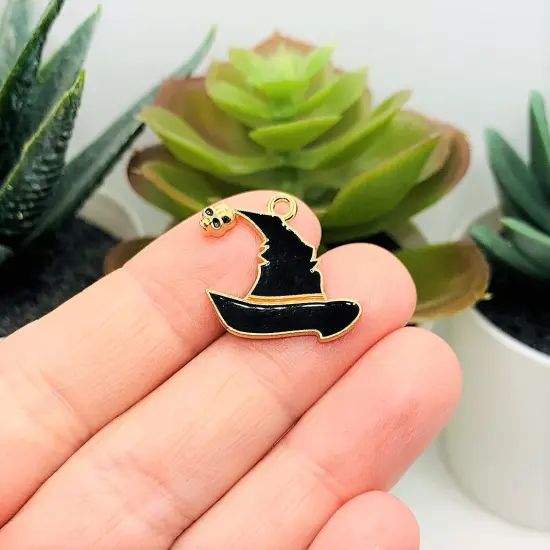 Black Enamel Witch Hat Charms with Skull Tassel, 19x22mm {2}