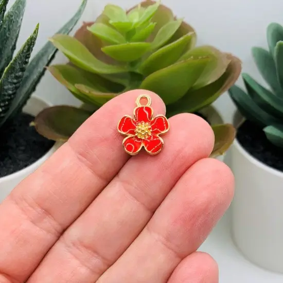 Red and Gold Flower Charms, 16x13mm {2}