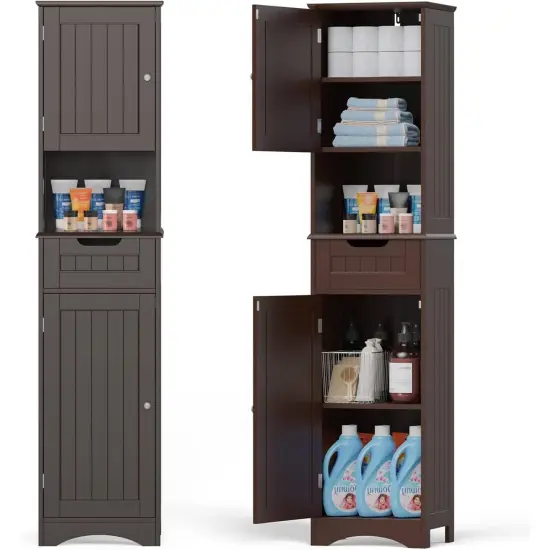 Freestanding Bathroom Storage Tower with Drawer and Adjustable Shelves for Kitchen or Living Room White {7}