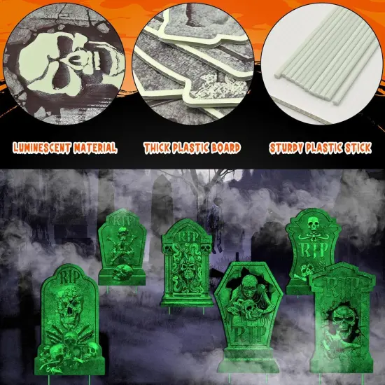 6Pcs Luminous Rip Halloween Gravestones With 13.7'' Stake Large Graveyard {3}